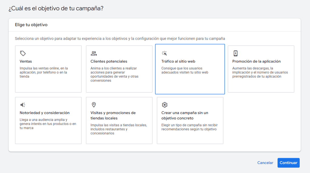 Cómo vender en Google Ads. Objetivo de campaña
