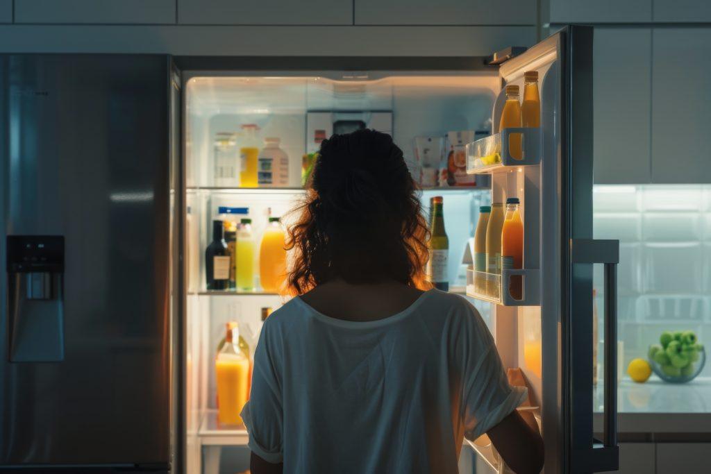Una mujer que ha comprado el mejor frigorífico calidad precio a+++ mirando su contenido