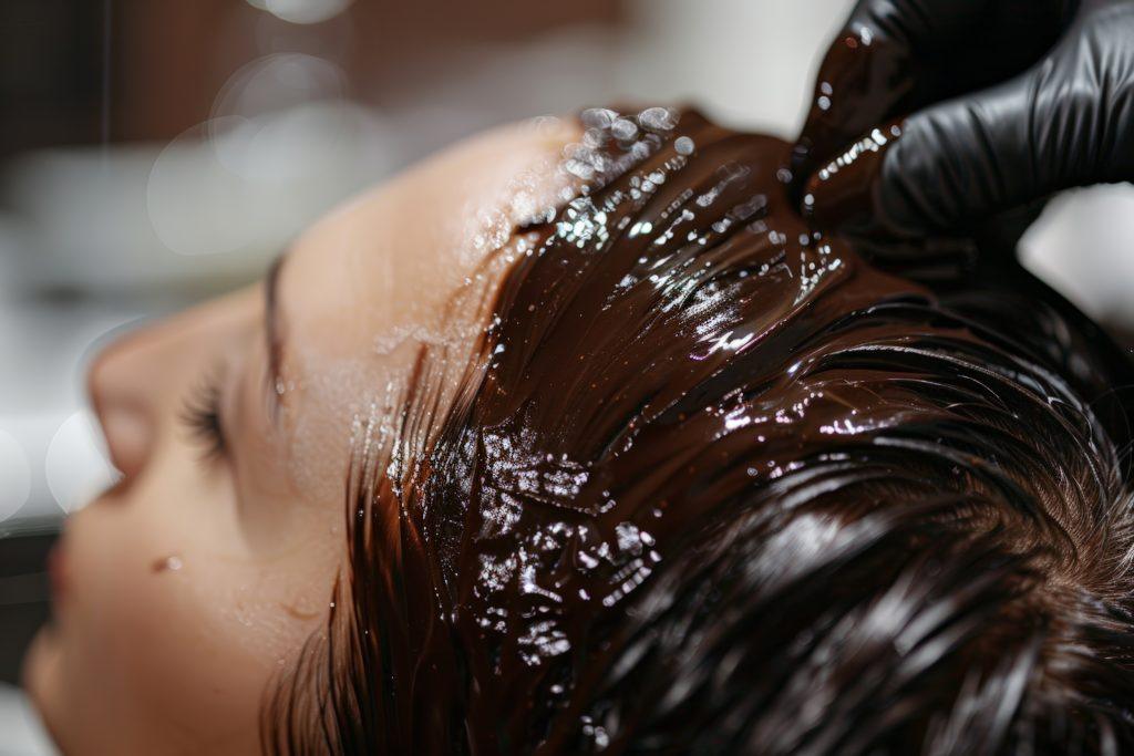 Una mujer relajada, aplicándose una mascarilla hidratante en el pelo.