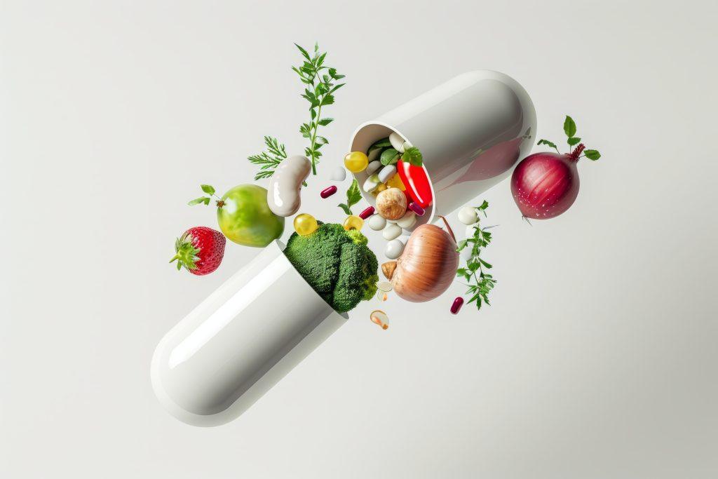 Una vitamina natural enseñando sus componentes naturales para aumentar el crecimiento del cabello.