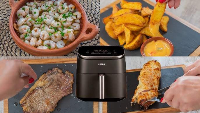 Una imagen de diferentes platos de comida hechos usando una Cosori Air Fryer.