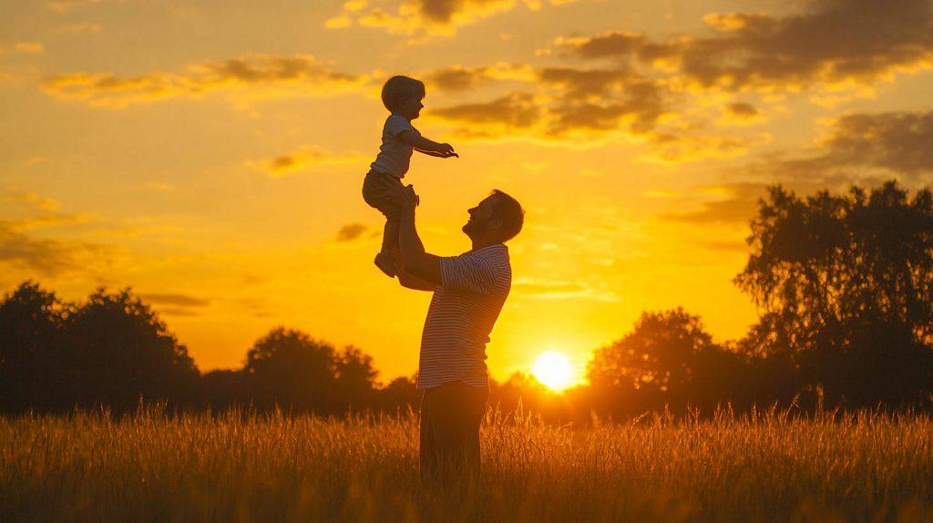 Una familia feliz en una pradera mientras cae el ocaso.